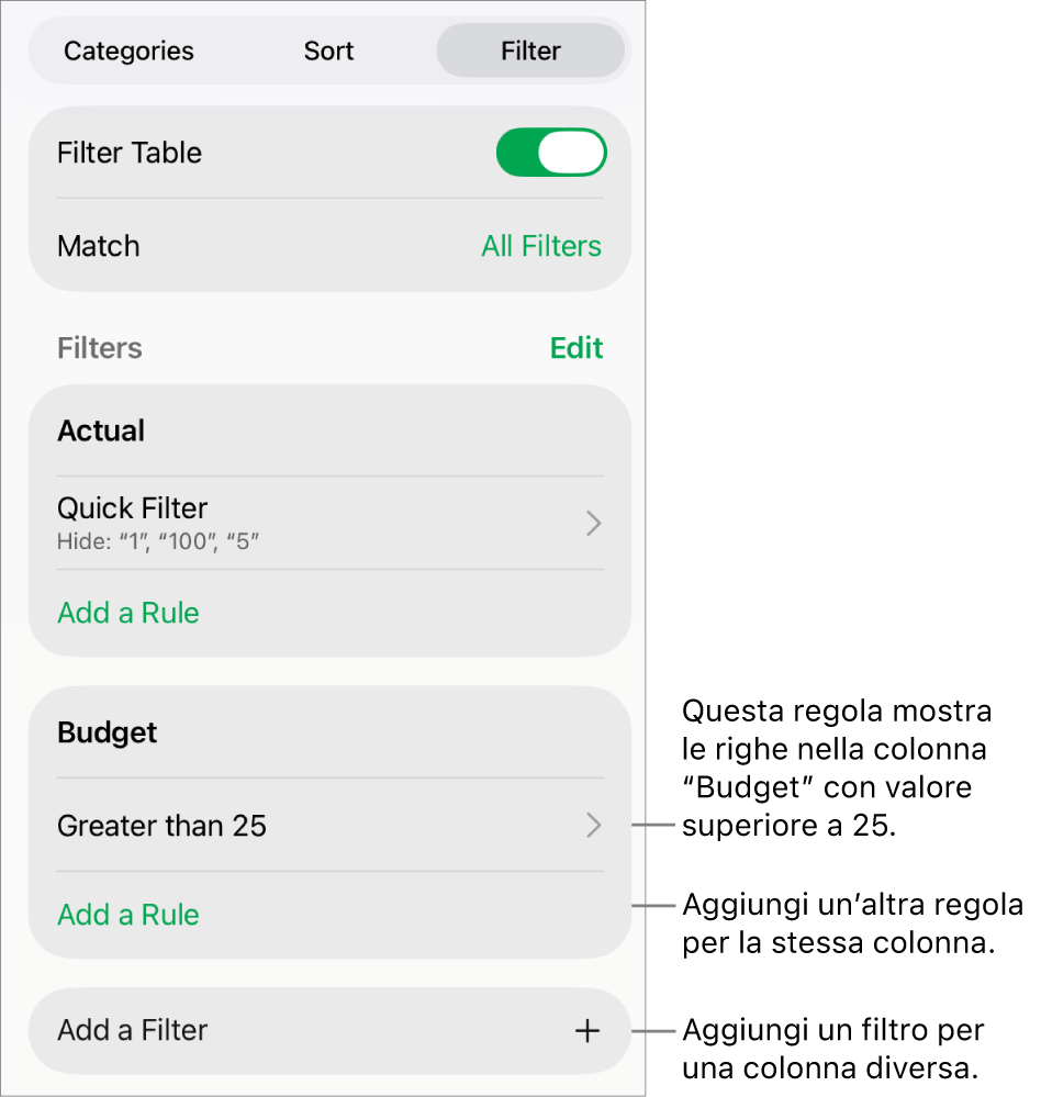Controlli per l’aggiunta di nuove regole di filtro o per modificare quelle esistenti.