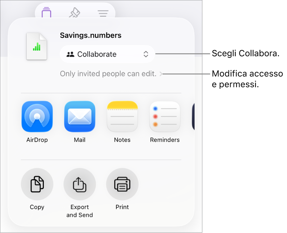 Il menu di condivisone con l’opzione Collabora selezionata in alto e le impostazioni di accesso e dei permessi sotto.
