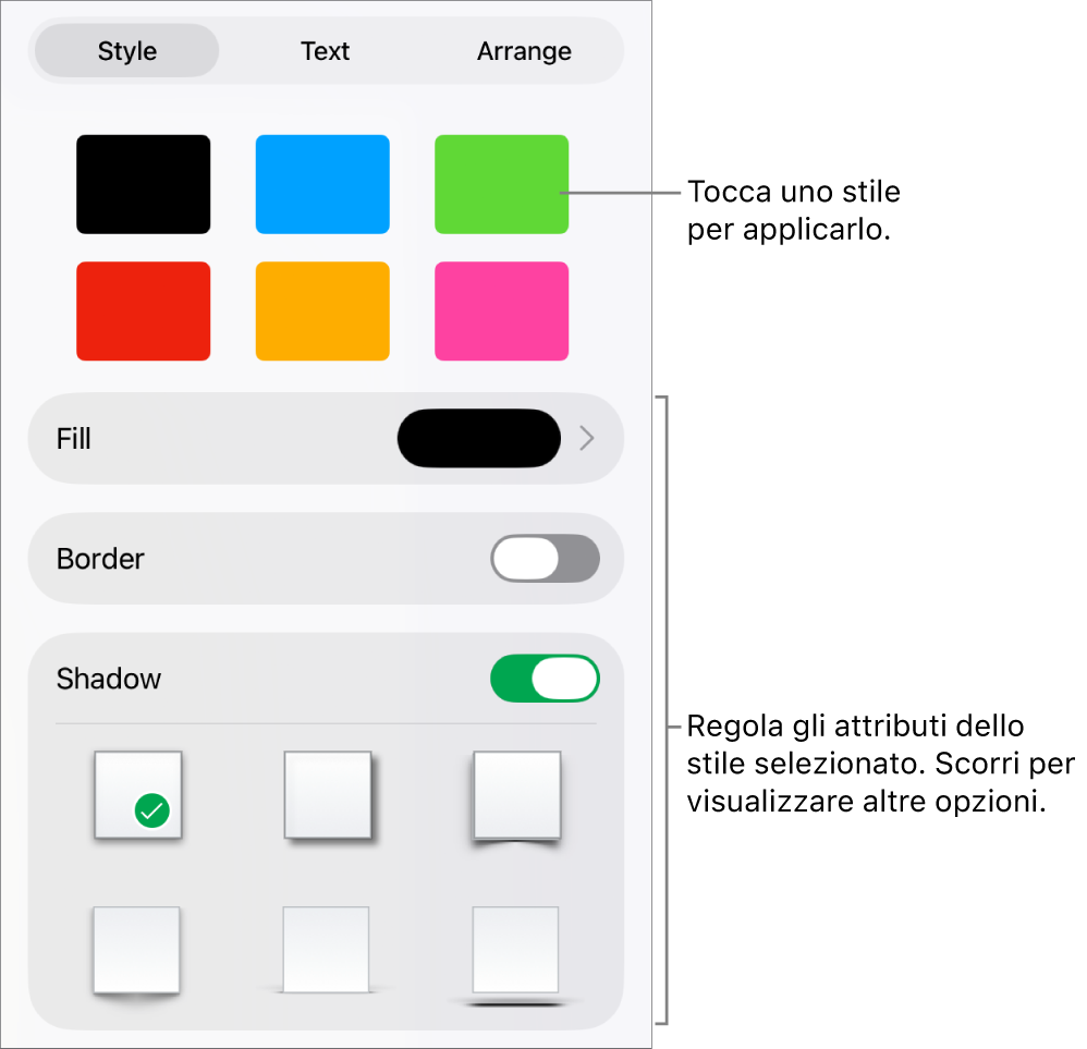Pannello Stile del menu Formato con gli stili della forma in alto e un controllo sottostante per cambiare riempimento, bordo e ombra.