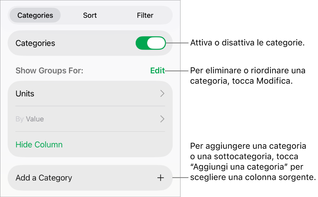 Il menu delle categorie in iPad con opzioni per disattivare le categorie, eliminare le categorie, raggruppare i dati, nascondere una colonna sorgente e aggiungere le categorie.