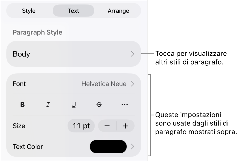 Menu Formato con controlli di testo per impostare stili carattere e paragrafo, font, dimensione e colore.