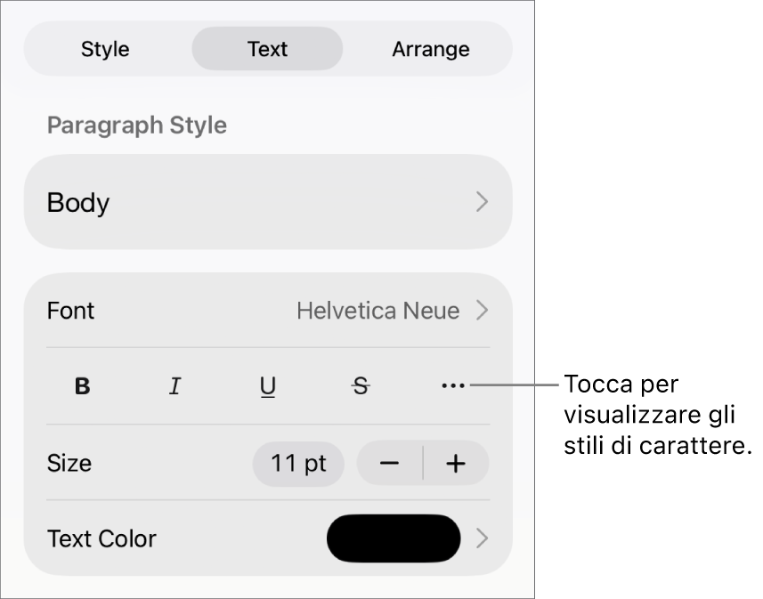 I controlli Formato con gli stili di paragrafo nella parte superiore, quindi i controlli Font. Sotto Font sono presenti i pulsanti Grassetto, Corsivo, Sottolineato, Barrato e “Altre opzioni di testo”.