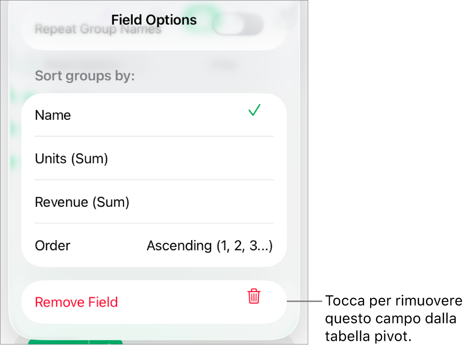 Il menu “Opzioni campo” che mostra i controlli per raggruppare e ordinare i dati, nonché le opzioni per rimuovere un campo.