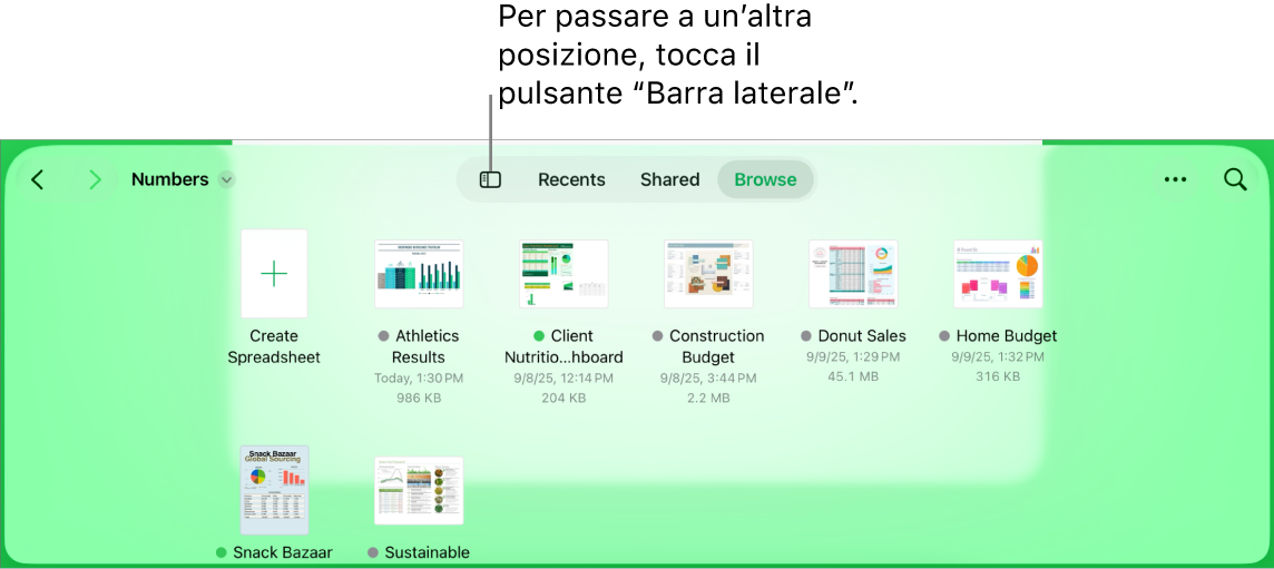 La vista Sfoglia del gestore documenti con il pulsante della barra laterale nell’angolo in alto a sinistra. Il pulsante Aggiungi, “Nuova cartella”, i pulsanti Icone (per ordinare per nome, data, dimensioni o tag), il pulsante Seleziona e Cerca si trovano in alto a destra.