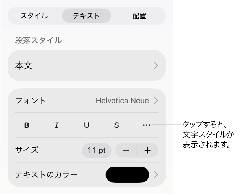 上部に段落スタイルがある「フォーマット」コントロールと、そのあとに「フォント」コントロール。「フォント」の下には、「ボールド」、「イタリック」、「アンダーライン」、「取り消し線」、および「その他のテキストオプション」のボタンがあります。
