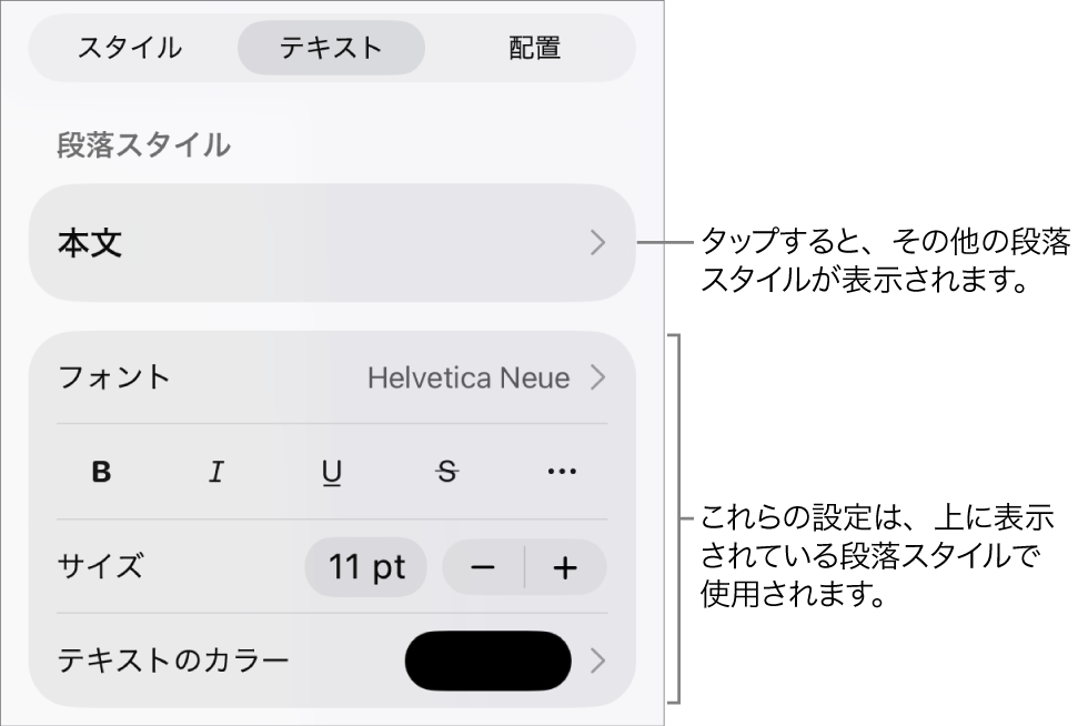 「フォーマット」メニュー。段落と文字のスタイル、フォント、サイズ、色を設定するためのテキストコントロールが表示されています。