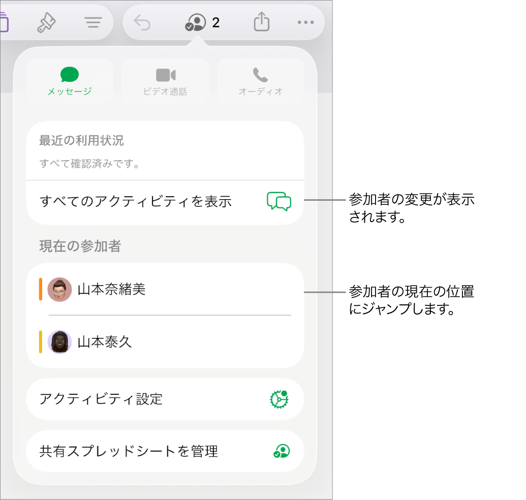 「共同作業」メニュー。現在の参加者が表示されています。