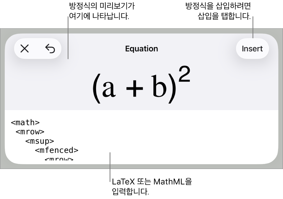 MathML 명령어를 사용하여 적은 방정식 및 그 위에 공식 미리보기를 표시하는 방정식 대화상자.