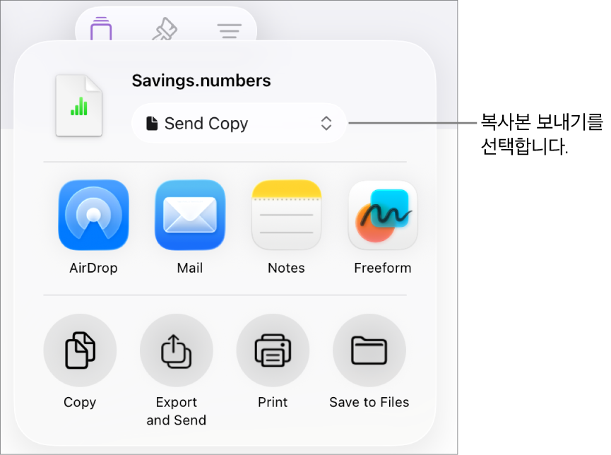 상단에 복사본 보내기가 선택되어 있는 공유 메뉴.