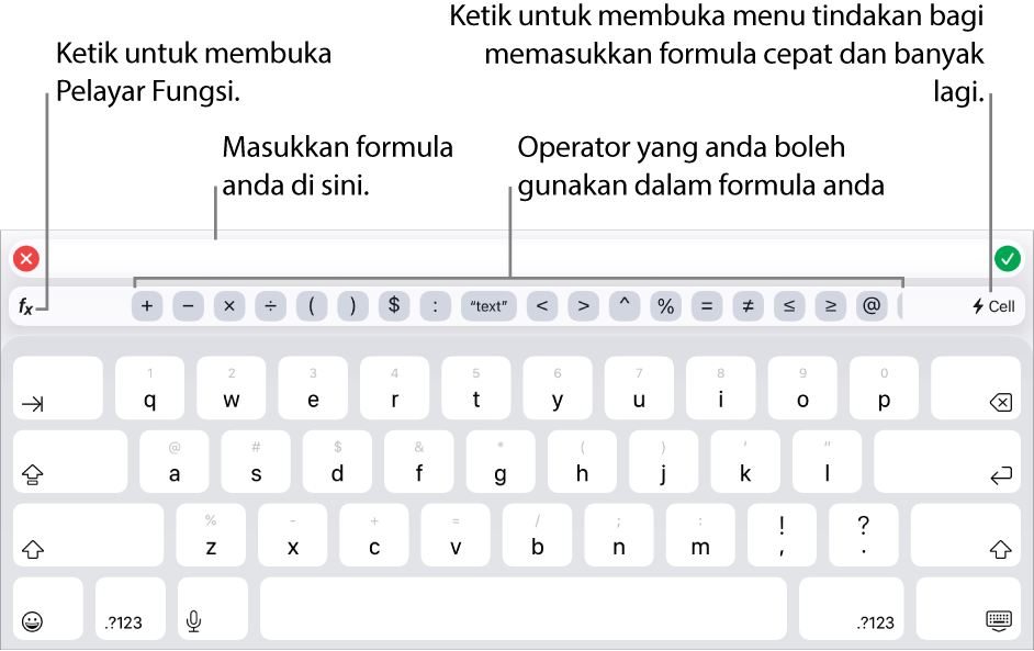 Papan kekunci formula dengan Editor Formula di atasnya dan operator yang digunakan dalam formula di bawahnya. Butang Fungsi untuk membuka Pelayar Fungsi terdapat di sebelah kiri operator manakala butang menu Tindakan di sebelah kanan.