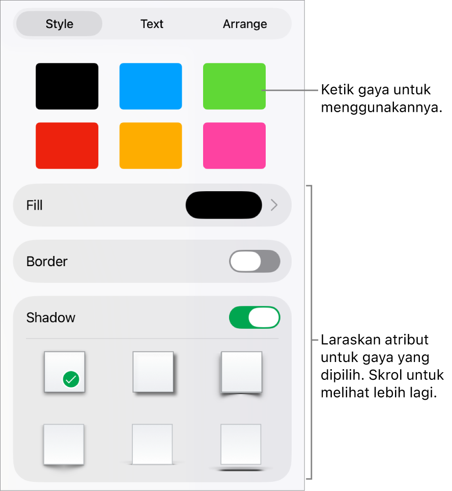 Tab Gaya dalam menu Format dengan gaya bentuk di bahagian atas dan kawalan di bawahnya untuk menukar isi, jidar dan bayang.
