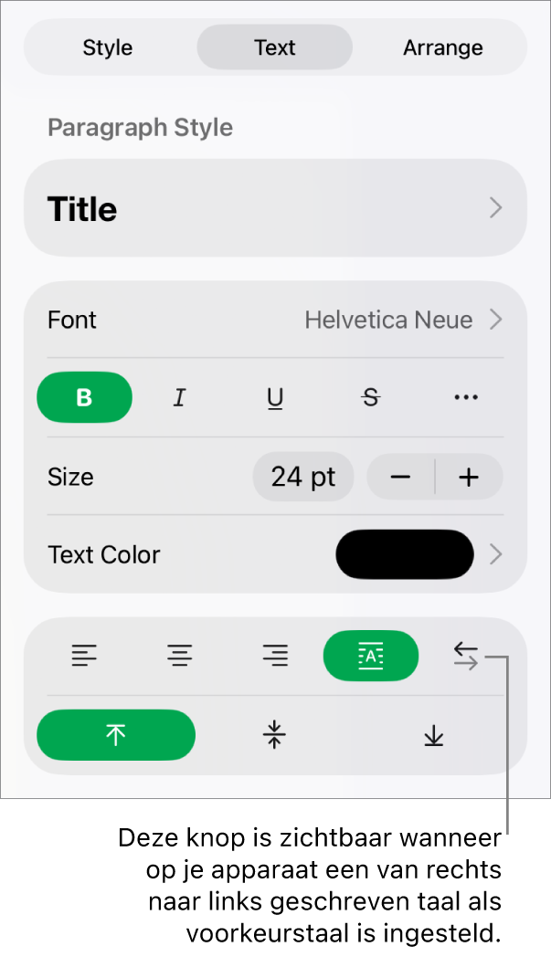 Het gedeelte 'Stijl' van het opmaakmenu met uitleg bij de knop voor rechts naar links.