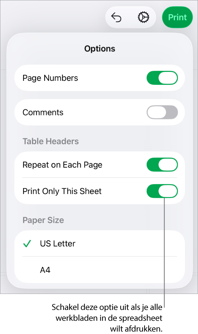 Het afdrukvoorbeeldpaneel met regelaars om paginanummers weer te geven, kopteksten op elke pagina te herhalen, het papierformaat te wijzigen, of te kiezen of de hele spreadsheet dan wel alleen het huidige werkblad moet worden afgedrukt.