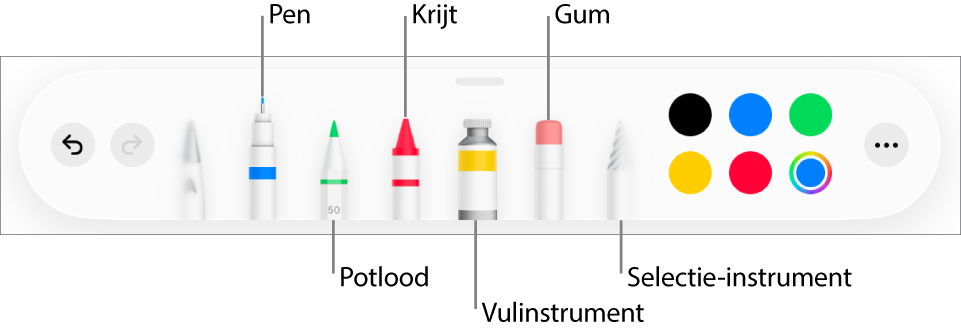 De knoppenbalk voor tekenen met een pen, potlood, krijt, vulinstrument, gum en selectie-instrument en een kleurenvak met de huidige kleur. Helemaal rechts staat de knop voor het menu 'Meer'.