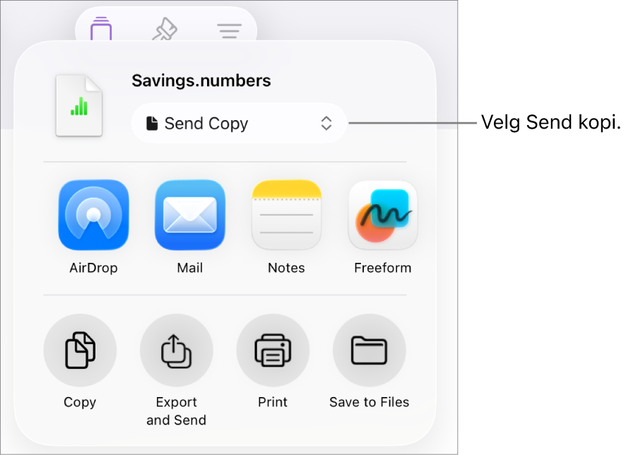 Del-menyen med Send kopi markert øverst.