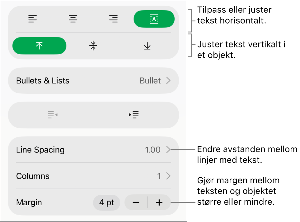 Layout-delen i formatinspektøren, med bildeforklaringer for tekstjusterings- og avstandsknappene.