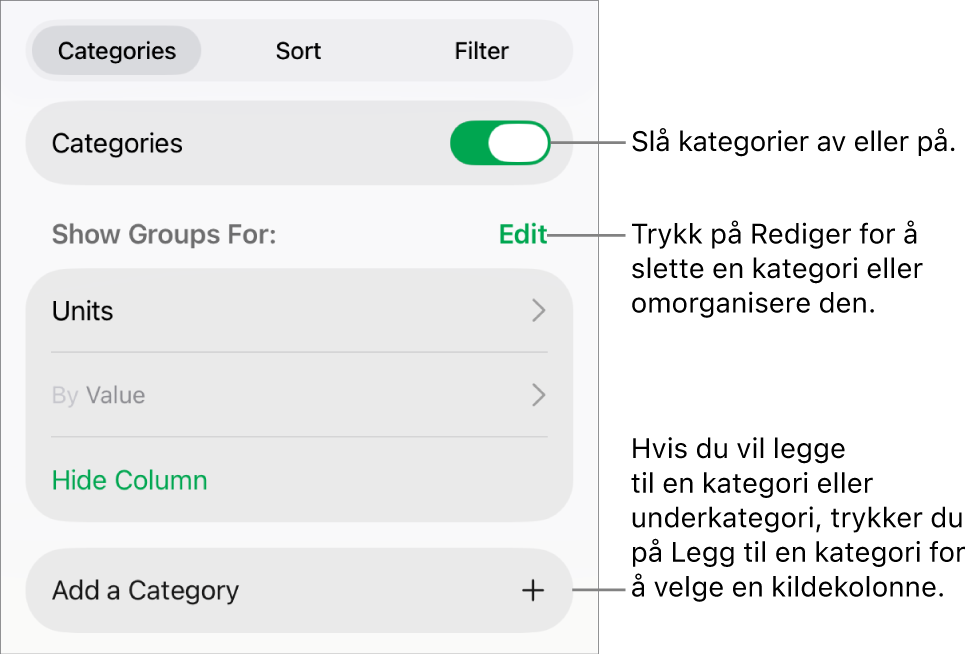 Kategorier-menyen for iPad med alternativer for å slå av kategorier, slette kategorier, omgruppere data, skjule en kildekolonne og legge til kategorier.