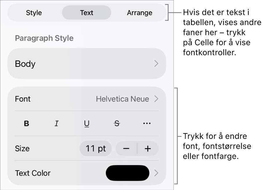 Tekstkontroller i Format-menyen for å angi avsnitts- og tegnstiler, font, størrelse og farge.