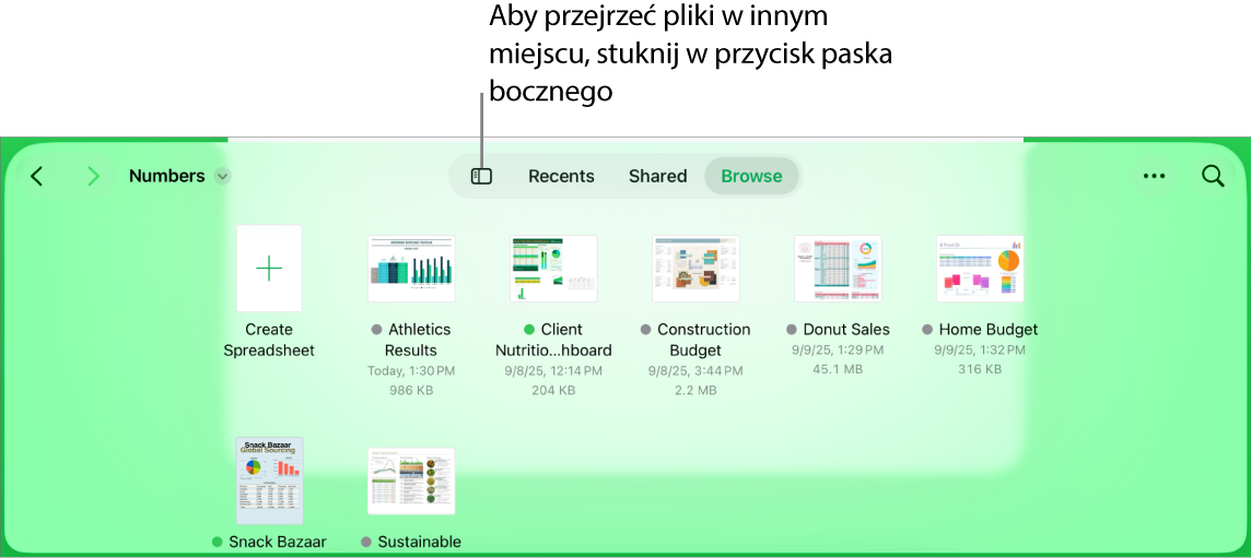 Widok przeglądarki menedżera dokumentów z przyciskiem paska bocznego w lewym górnym rogu. W prawym górnym rogu znajdują się przyciski dodawania, nowego folderu, sortowania (według nazwy, daty, wielkości lub tagu), zaznaczania oraz wyszukiwania.