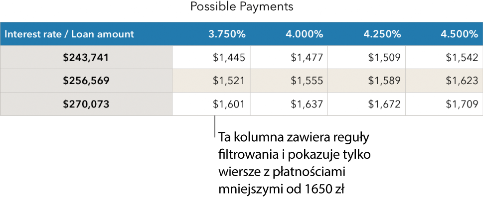 Tabela kredytu hipotecznego po filtrowaniu w celu wyświetlenia przystępnych rat.