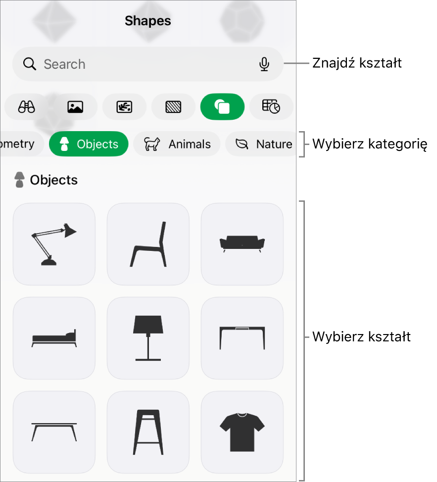 Biblioteka kształtów, na górze widoczne są kategorie, a na dole kształty. Możesz użyć znajdującego się na górze pola wyszukiwania, aby wyszukiwać kształty. Przesuń palcem, aby zobaczyć ich więcej.