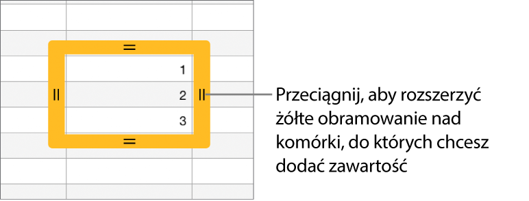 Zaznaczona komórka z dużym, żółtym obramowaniem, które możesz przeciągnąć, aby automatycznie wypełnić komórki.
