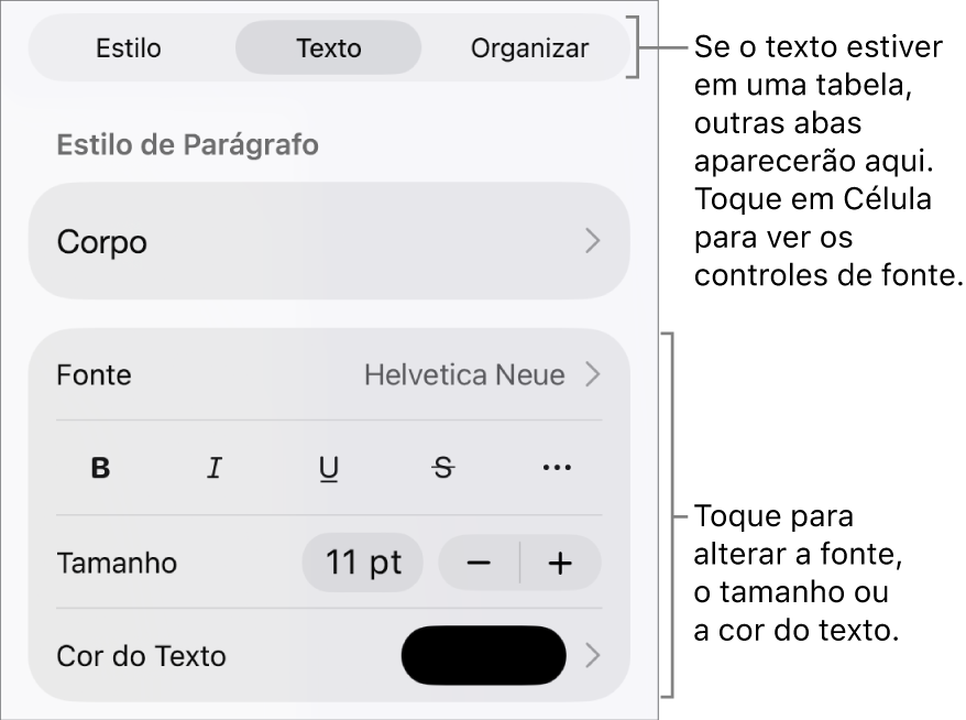 Controles de texto no menu Formatar para definir estilo, fonte, tamanho e cor de caractere e parágrafo.