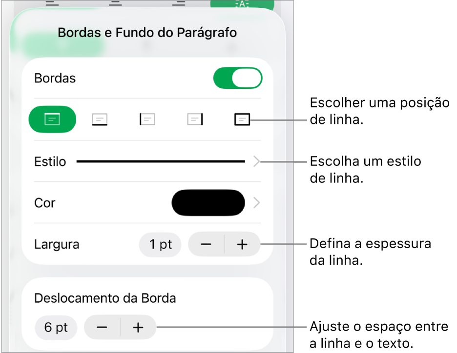 Controles para alterar o estilo, a espessura, a posição e a cor da linha.