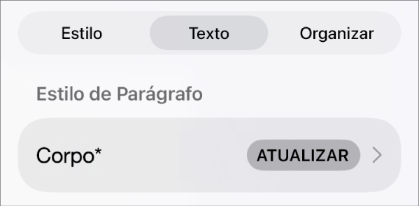 Um estilo de parágrafo com um asterisco ao lado e um botão Atualizar à direita.