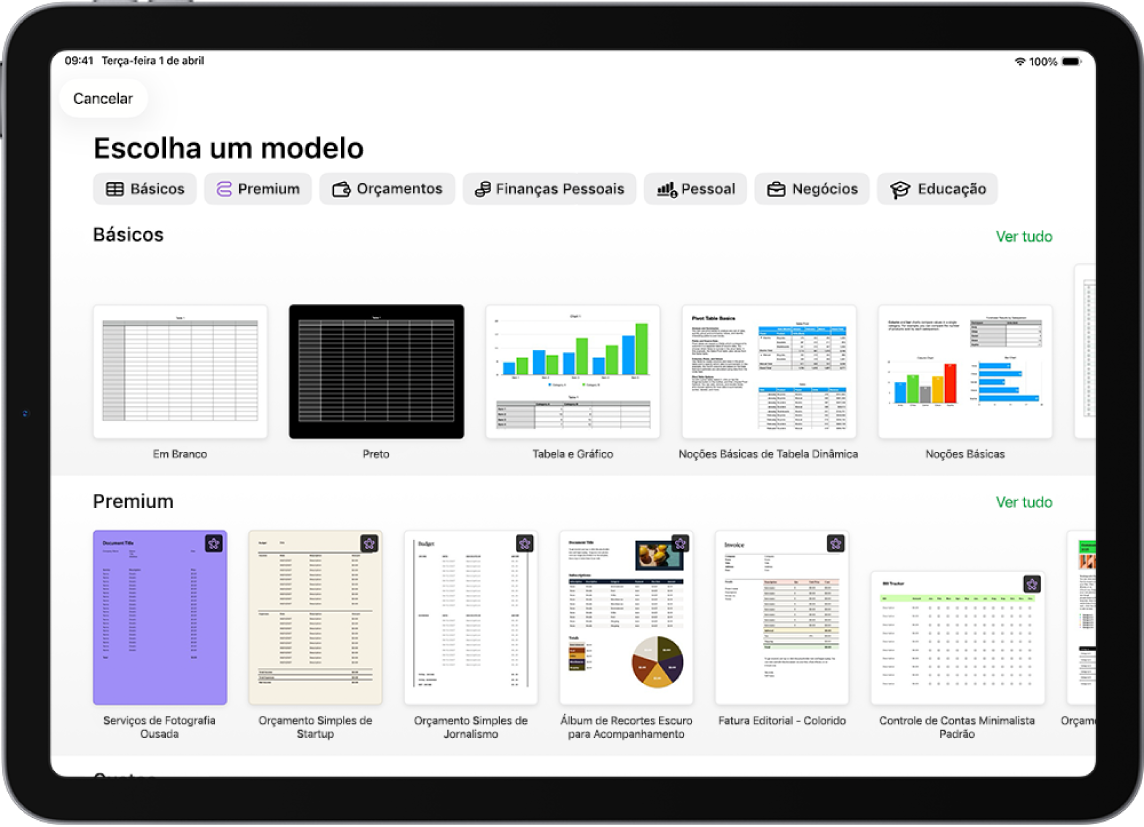 Seletor de modelos, mostrando uma linha de categorias na parte superior na qual você pode tocar para filtrar as opções. Abaixo estão miniaturas de modelos predefinidos organizadas em linhas por categoria, começando com Recentes na parte superior e seguidas por Básico e Finanças Pessoais. O botão Ver Tudo aparece acima e à direita de cada linha de categoria. O botão Idioma e Região está no canto superior direito.