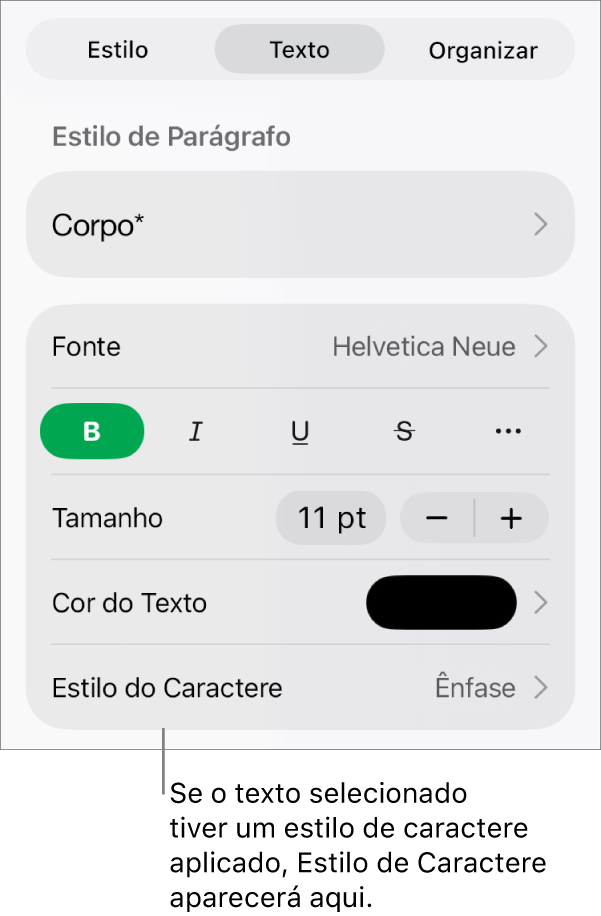 Os controles de formatação de texto com “Estilo de Caractere” abaixo dos controles de cor. O estilo de caractere Nenhum aparece com um asterisco.