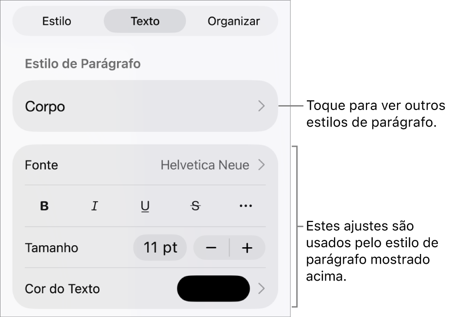 O menu Formatar, mostrando controles de texto para definir estilo, fonte, tamanho e cor de caractere e parágrafo.