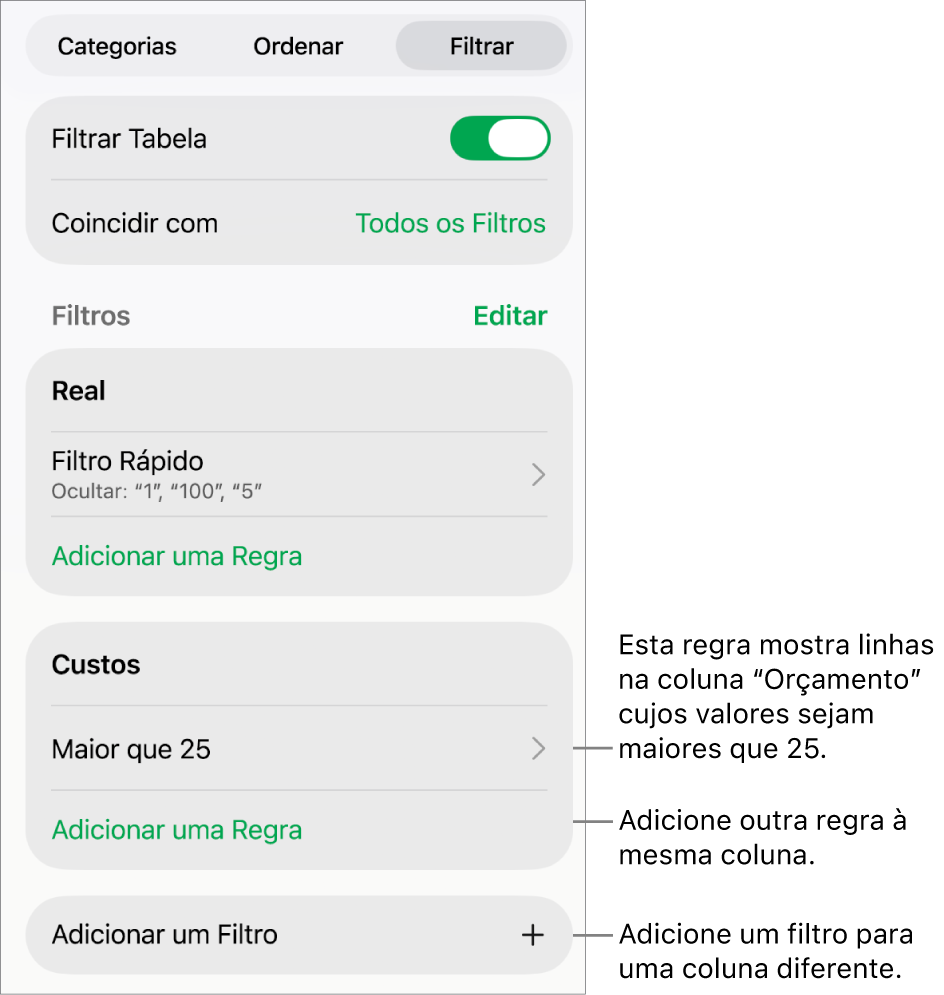 Controles para adicionar novas regras de filtragem ou editar as existentes.