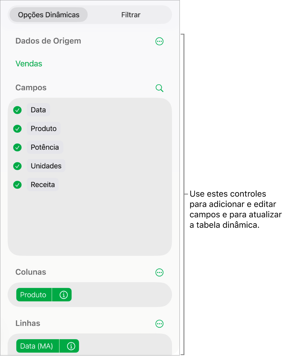 Menu Opções Dinâmicas mostrando campos das seções Colunas, Linhas e Valores, bem como controles para editar os campos.