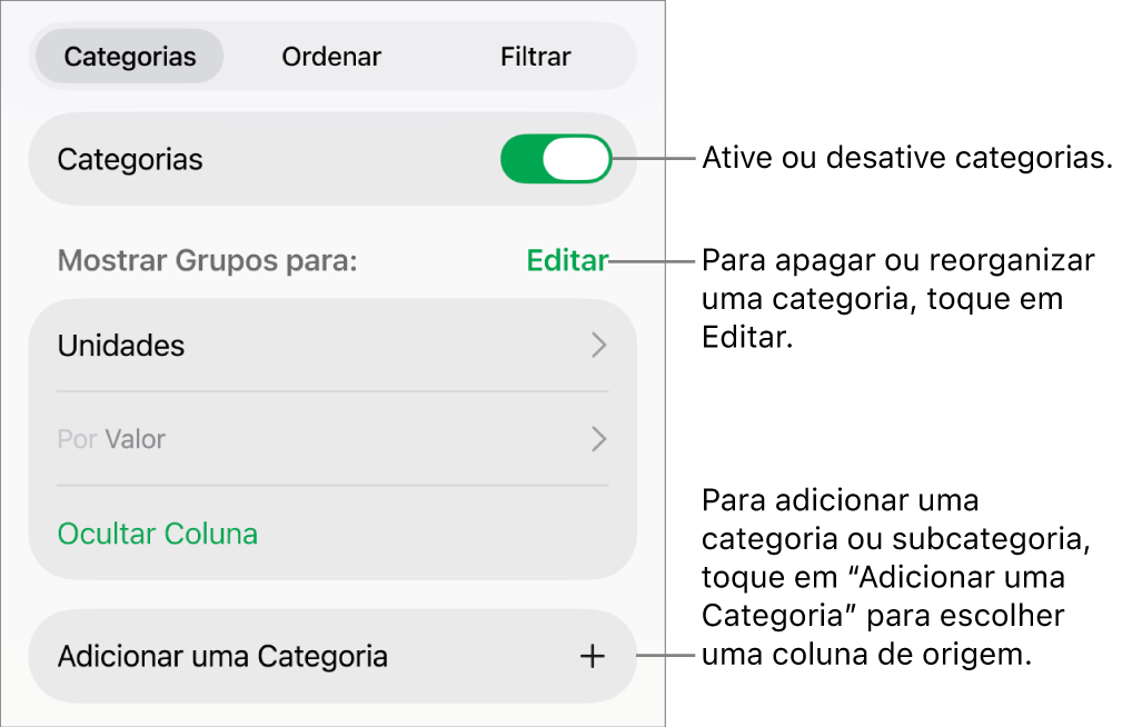 O menu Categorias para o iPad com opções para desativar categorias, apagar categorias, reagrupar dados, ocultar uma coluna de origem e adicionar categorias.