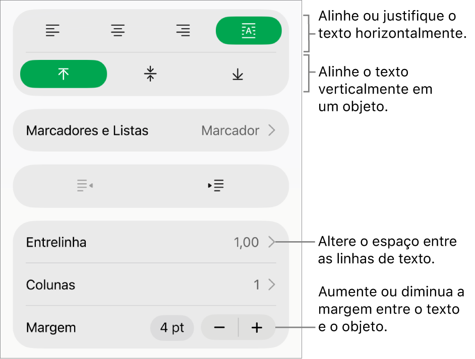 Seção Layout do inspetor Formatar com balões explicativos para os botões de alinhamento de texto e de espacejamento.