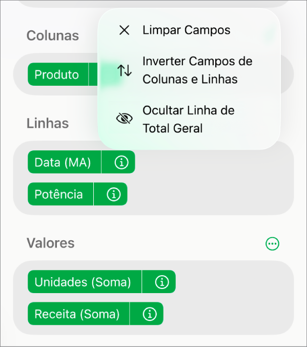 O menu Mais Opções de Campo, mostrando os controles para ocultar totais gerais, inverter campos de coluna e linha, e limpar campos.