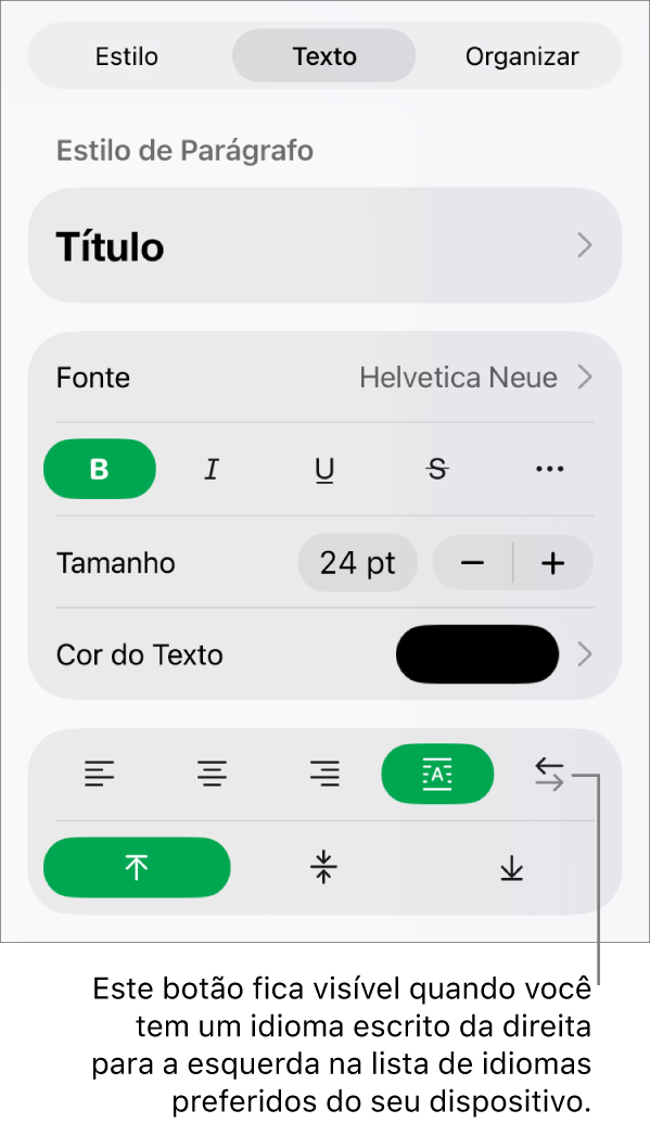 Seção Estilo do botão Formatar com balão explicativo para o botão bidirecional.