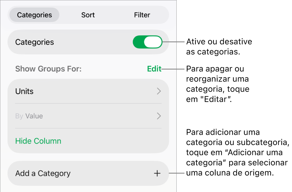 O menu "Categorias” para iPad com opções para desativar as categorias, apagar categorias, reagrupar dados, ocultar uma coluna de origem e adicionar categorias.