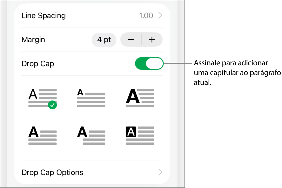 Os controlos de "Capitular” no menu “Texto”.