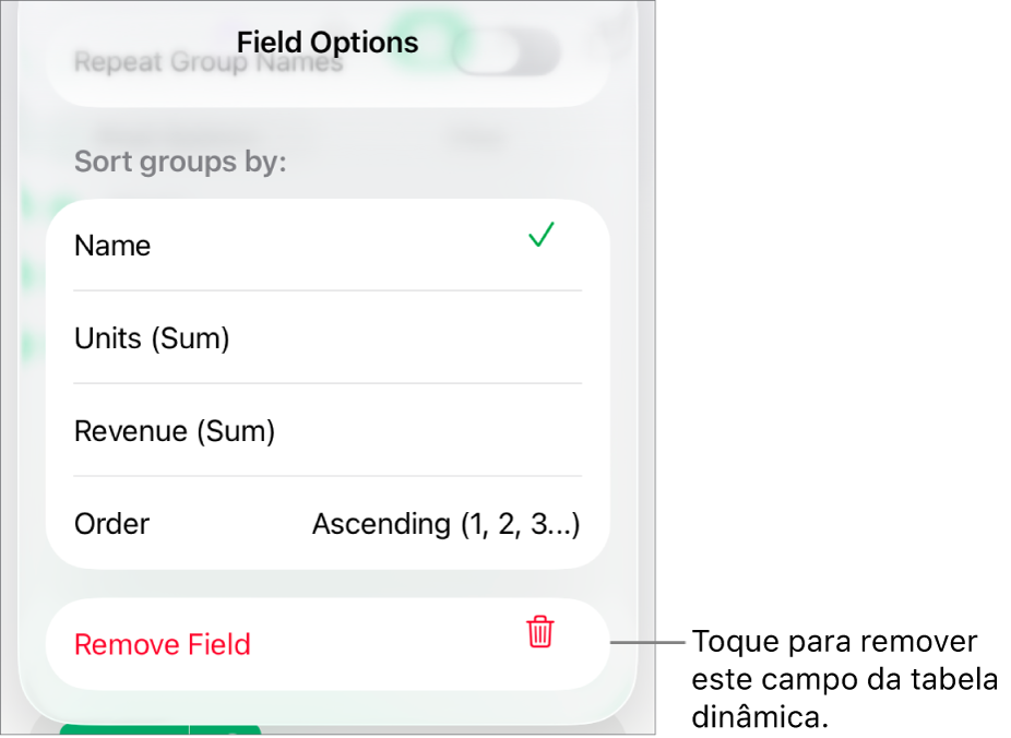 O menu "Opções do campo”, a mostrar os controlos que permitem agrupar e ordenar dados, assim como a opção para remover um campo.