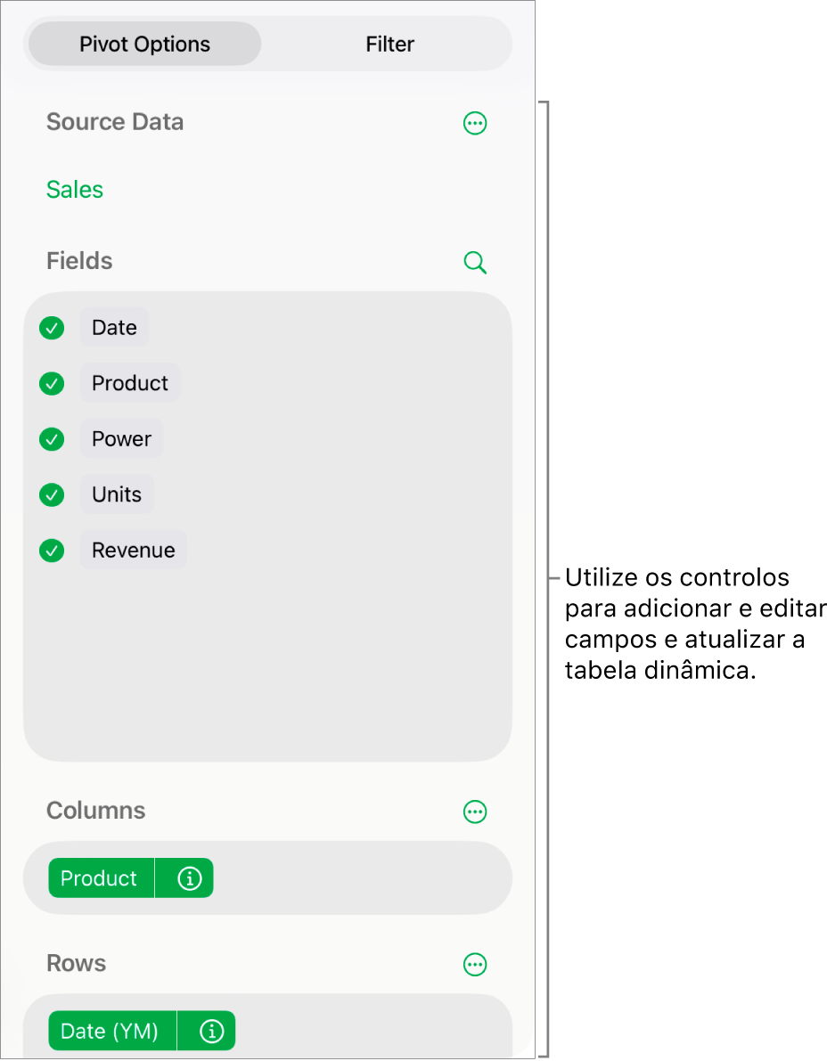 O menu "Opções dinâmicas” a mostrar campos nas secções “Colunas”, “Linhas” e “Valores”, bem como os controlos para editar os campos.