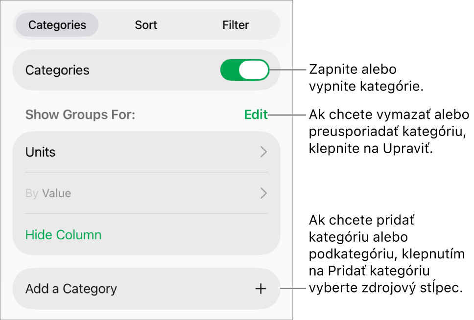 Menu Kategórie pre iPad s možnosťami vypnutia kategórií, vymazania kategórií, zmeny zoskupenia dát, skrytia zdrojového stĺpca a pridania kategórií.