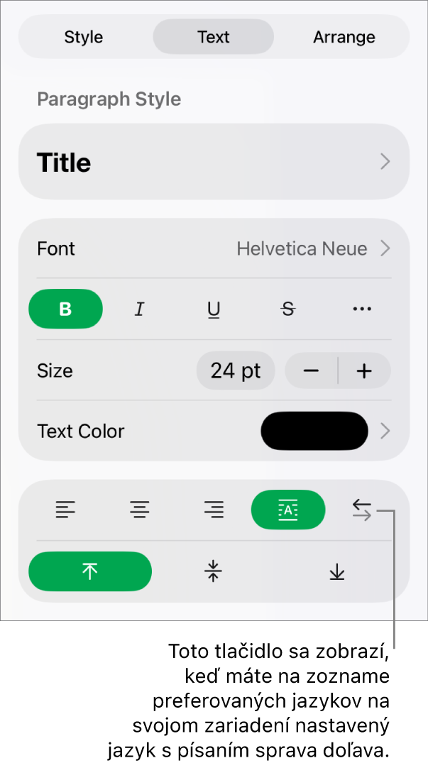 Časť Štýl tlačidla menu Formát s bublinou popisujúcou tlačidlo Sprava doľava.