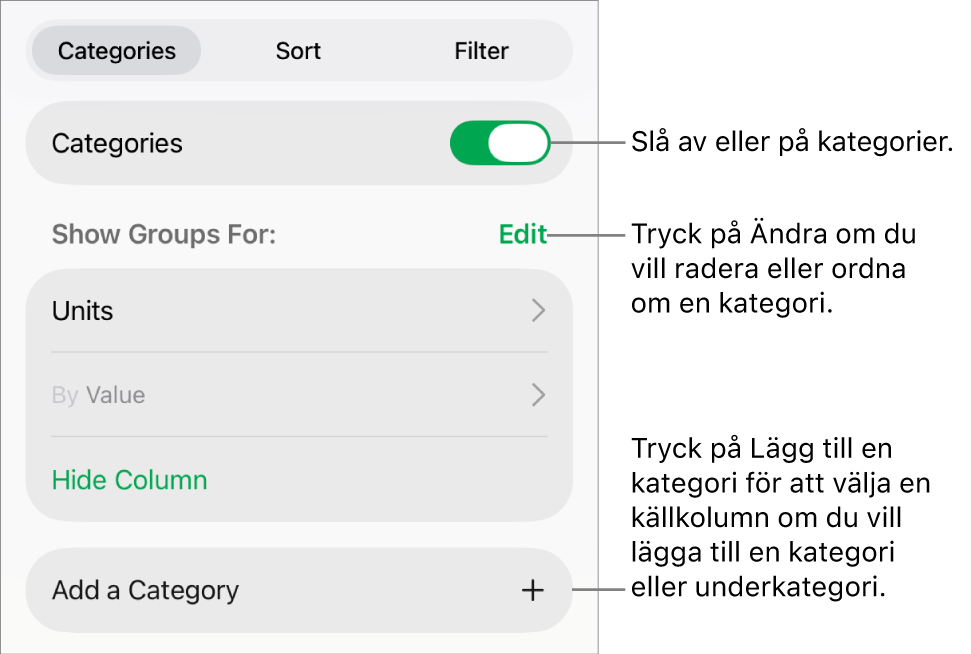 Menyn Kategorier för iPad med alternativ för att slå av kategorier, radera kategorier, gruppera om data, gömma en källkolumn och lägga till kategorier.