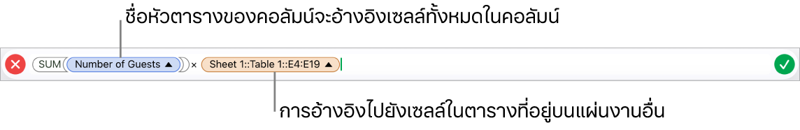 ตัวแก้ไขสูตรที่แสดงสูตรที่หมายถึงคอลัมน์ในหนึ่งตารางและเซลล์ในอีกตารางหนึ่ง