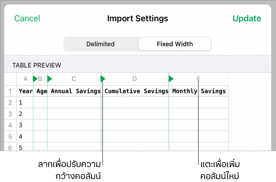 การตั้งค่าการนำเข้าสำหรับไฟล์ข้อความที่ความกว้างคงที่