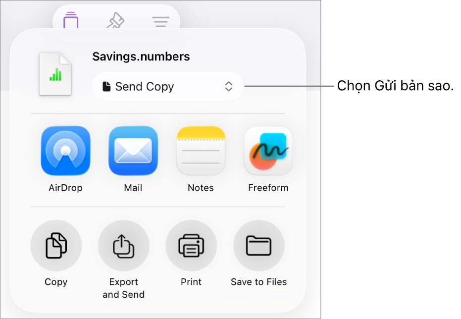 Menu Chia sẻ với Gửi bản sao được chọn ở trên cùng.