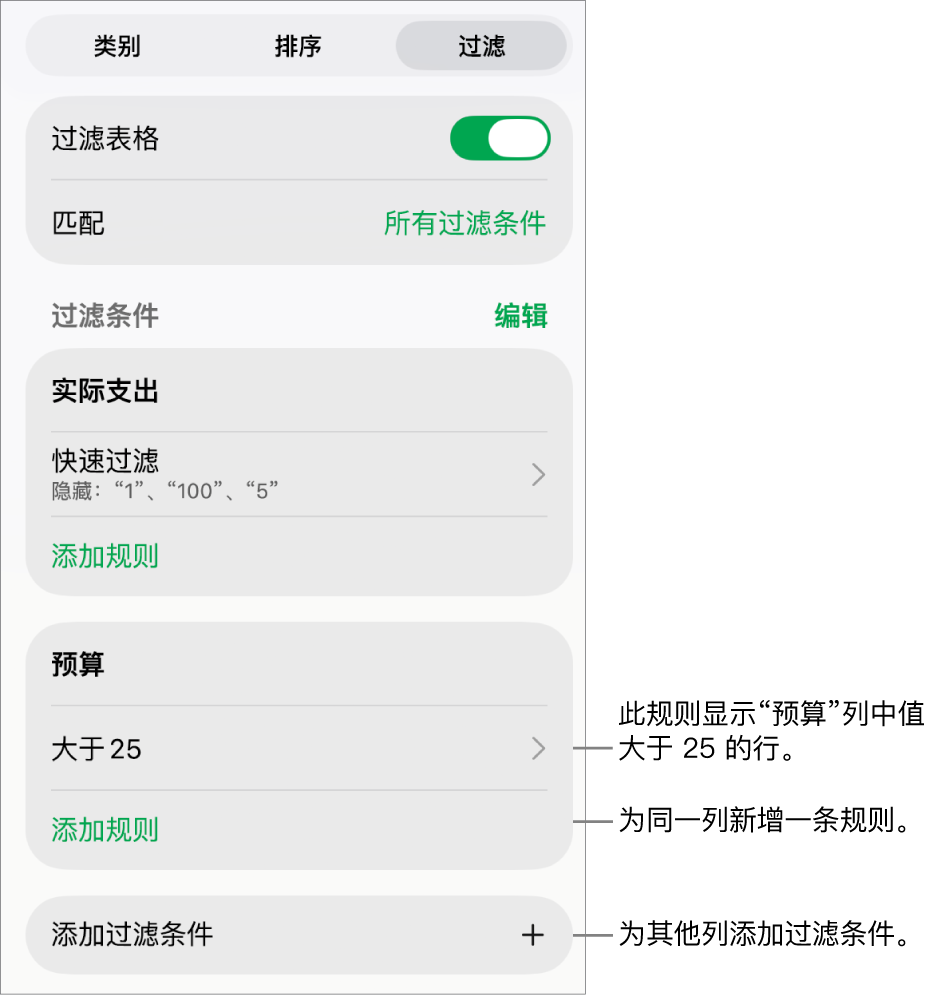 用于添加新过滤规则或编辑现有过滤规则的控制。