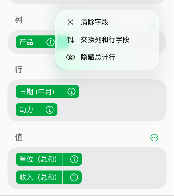 “更多字段选项”菜单,显示隐藏总计、交换列和行字段以及清除字段的控制。